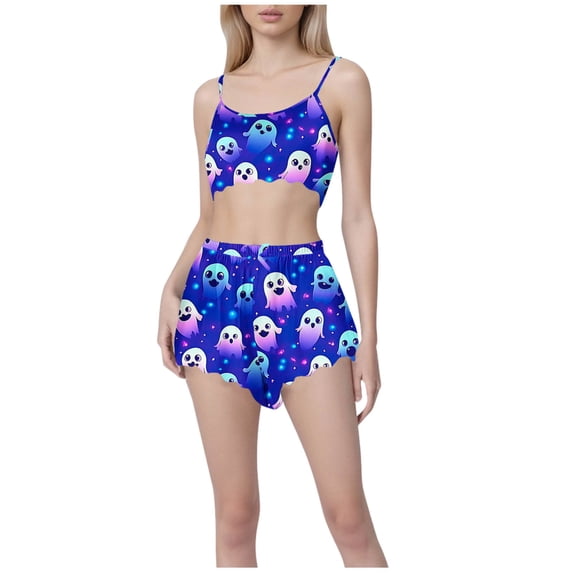 Tnhcen Women's Halloween Spider Web Pajama Set Cami Top Shorts Sleepwear Cozy Loungewear 2-Piece Outfit S-2XL Blue
