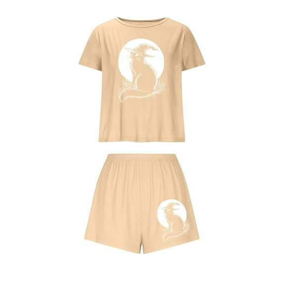 Tnhcen Women's Halloween Spooky Witch Print Pajama Set Soft Sleepwear with Stretchy Waistband Athletic Style Short Sleeve PJs for Cozy At-Home Plus Size Included (S-XL)