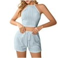 thumbnail image 1 of Tnhcen Women's Halter Neck Sleepwear Set - Elastic Waist Shorts with Drawstring Belt Solid Color 2-Piece Loungewear Outfit for S-XL Ladies, 1 of 4
