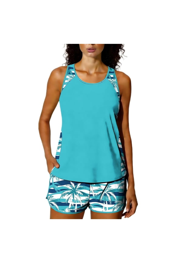 Women's Hawaiian Print Tankini Set with Built - in Bra, Pocket Swimwear Tank Top + Swim Shorts, Matte Polyester Spandex Swimwear for Women S - 2XL