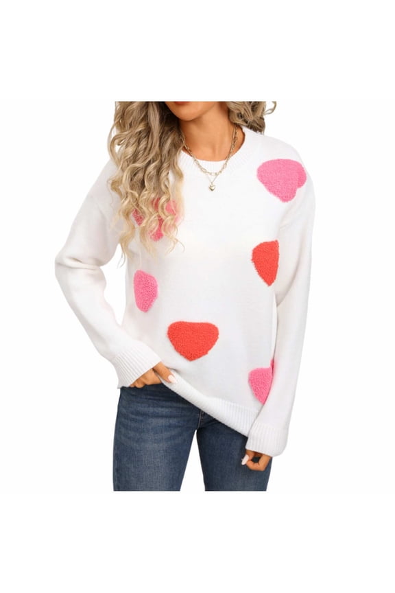 Women's Heart Pattern Sweater Fall Winter Top Soft Acrylic Knit Crewneck Cute Valentine Christmas Sweater Loose Fit Long Sleeve Cozy Sweater Trendy Holiday Seasonal Clothing