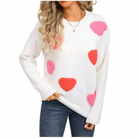 Tnhcen Women's Heart Pattern Sweater Fall Winter Top Soft Acrylic Knit Crewneck Cute Valentine Christmas Sweater Loose Fit Long Sleeve Cozy Sweater Trendy Holiday Seasonal Clothing