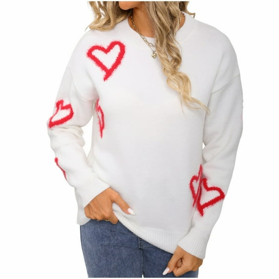Tnhcen Women's Heart-Patterned Knit Sweater Cute Christmas Sweater Fall Winter Fashion Acrylic Top Soft Long Sleeve Crewneck Sweater Loose Fit Casual Sweater