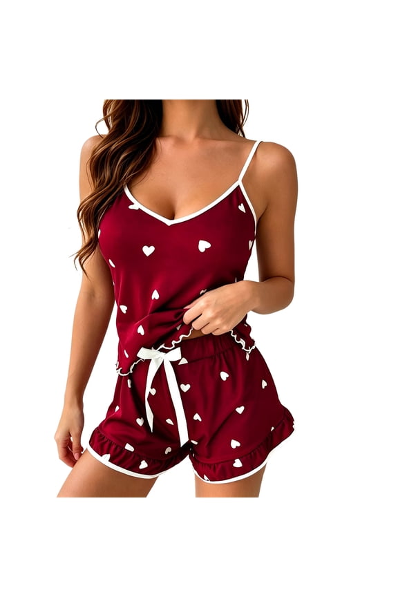 Women's Heart Print Camisole Pajama Set with Shorts, Sleeveless Spaghetti Strap V-Neck Ruffled Hem Bow Tie Soft Stretch Polyester Blend Summer Sleepwear Lounge Home Wear
