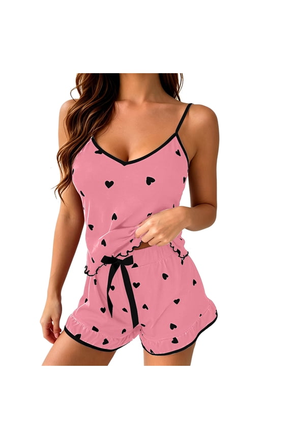 Women's Heart Print Camisole Pajama Set with Shorts, Sleeveless Spaghetti Strap V-Neck Ruffled Hem Bow Tie Soft Stretch Polyester Blend Summer Sleepwear Lounge Home Wear