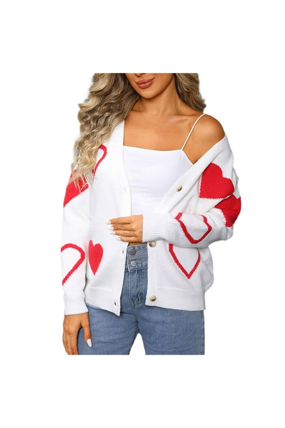 Women's Heart Print Cardigan Acrylic V-Neck Knit Sweater Cute Valentine's Day Sweater Long Sleeve Open Front Cardigan Red Heart Pattern Top Casual Comfort Wear S-XL
