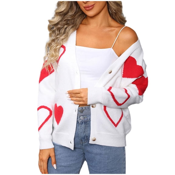 Tnhcen Women's Heart Print Cardigan Acrylic V-Neck Knit Sweater Cute Valentine's Day Sweater Long Sleeve Open Front Cardigan Red Heart Pattern Top Casual Comfort Wear S-XL