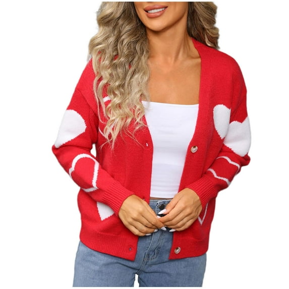 Tnhcen Women's Heart Print Cardigan Acrylic V-Neck Knit Sweater Cute Valentine's Day Sweater Long Sleeve Open Front Cardigan Red Heart Pattern Top Casual Comfort Wear S-XL