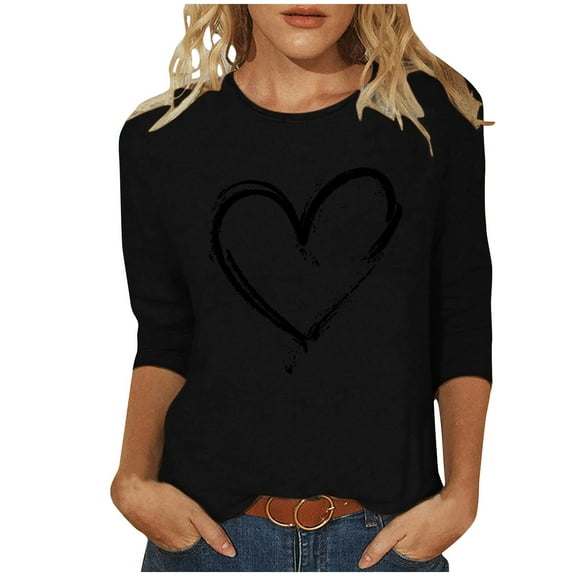 Tnhcen Women's Heart Print Crewneck 3/4 Sleeve Loose Fit Autumn Basic T-Shirt - Plus Size Friendly Tops S-5XL