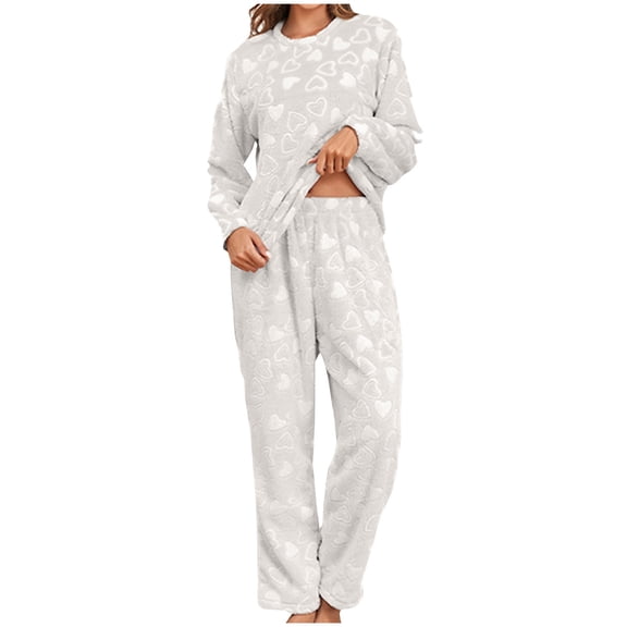 Tnhcen Women's Heart Print Flannel Sleepwear Set - Thermal Winter Long Sleeve Pajama Set with Elastic Waist Pants Plus Size M-2XL Cozy Loungewear