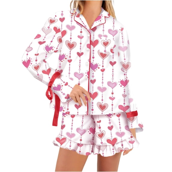 Tnhcen Women's Heart Print Pajama Set Long Sleeve Turn - down Collar Satin Shorts Sleepwear Tie Front Design Comfortable Casual Bedwear S - 2XL Plus Size Women's Loungewear Set
