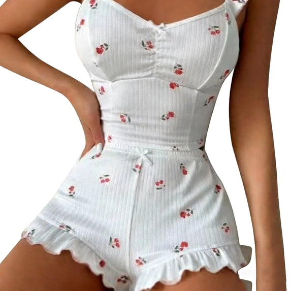 Tnhcen Women's Heart Print Ruffled Cami Top & Short Shorts Pajama Set Sleepwear Loungewear for Women S-2XL Casual Comfortable Home Wear Outfit