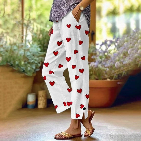 Tnhcen Women's Heart Print Straight Leg Pants Elastic Waist Linen-like Trousers Pre-Shrunk Washed Wrinkle Casual Pants S-2XL
