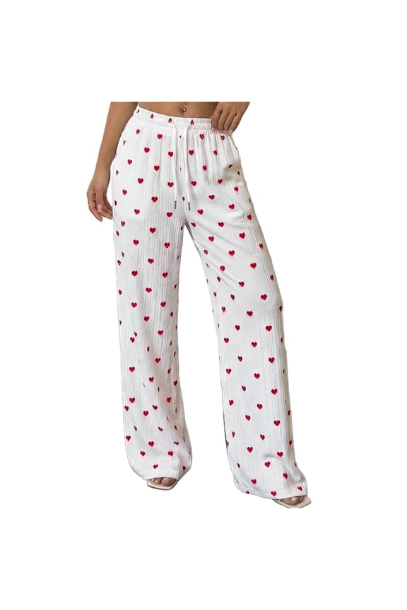 Women's Heart Print Wide Leg Pants, Elastic Drawstring Waist Casual Trousers, Relaxed Fit Polyester Pants for Women S-XL