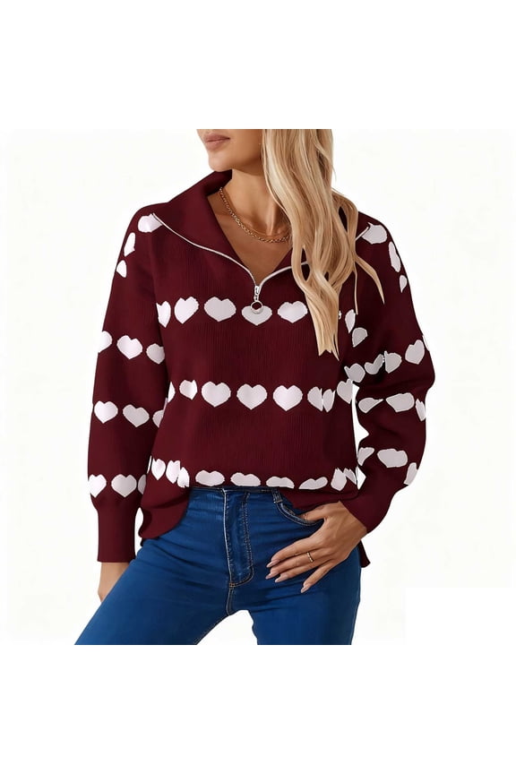 Women's Heart Print Zip Up Sweater Valentine's Day V Neck Top Knit Cardigan Casual Loose Fit Pullover Romantic Holiday Wear S-2XL
