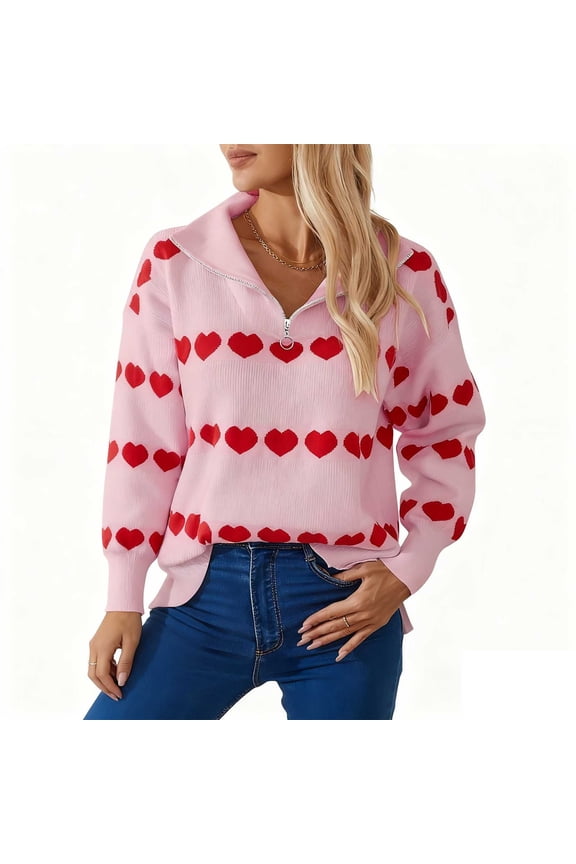 Women's Heart Print Zip Up Sweater Valentine's Day V Neck Top Knit Cardigan Casual Loose Fit Pullover Romantic Holiday Wear S-XL