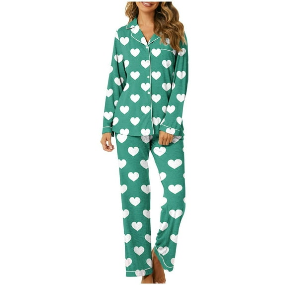 Tnhcen Women's Heart Print Home Clothes Pajamas Set Women's Long Sleeve Sleepwear Soft Pjs Set Two Piece Button Down Pj Set With Pockets