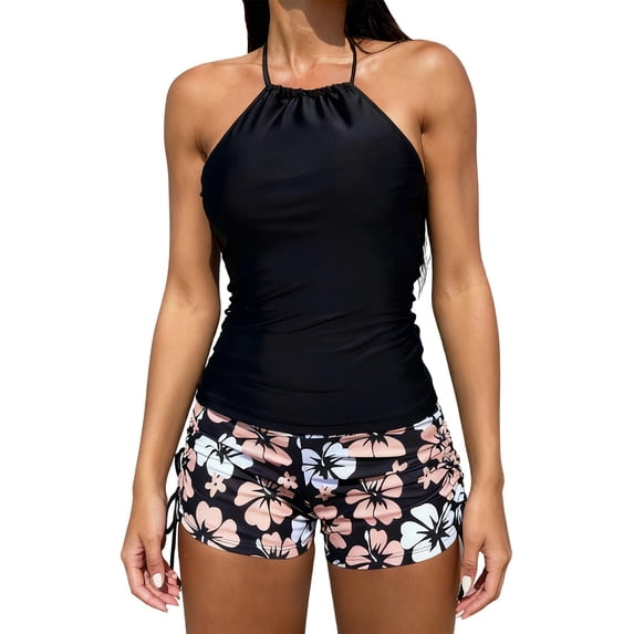 Tnhcen Women's High Neck Tankini Set, Modest Floral Print Swimsuit Two Piece, Tummy Control Swimwear, Ruched Top + Floral Shorts, Plus Size S - XL Beach Swimwear for Women