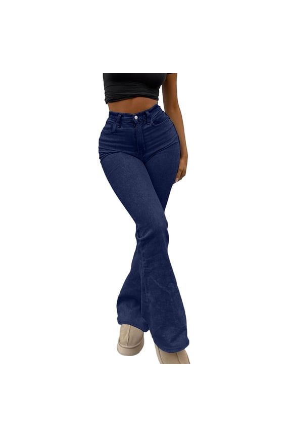Women's High Waist Flare Jeans 100% Pre - Shrunk Denim, Stretchy Bootcut Jeans with Pockets, Plus Size XS - 2XL, Vintage Street Style Denim Trousers