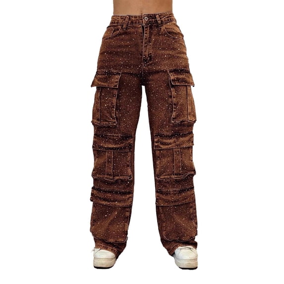 Tnhcen Women's High Waist Sparkle Embellished Denim Cargo Pants with Pockets, 100% Pre - Shrunk Stretchy Denim, Bootcut Fashion Jeans for Women S - 3XL