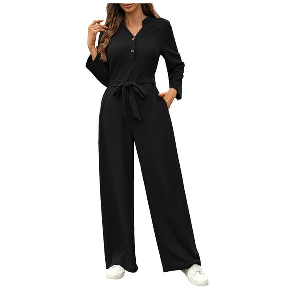 Tnhcen Women's High-Waist Tie-Waist Jumpsuit Long Sleeve Loose Jumpsuit Fit Casual Sportswear Plus Size S-XL Comfortable Stretchy Wide-Leg Trousers