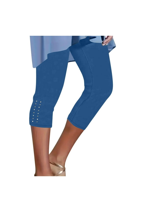 Women's High Waisted 7/8 Yoga Capris - Stretchy Spandex-Polyester Capris with Rhinestone Trim Summer Slimming Ankle-Length Leggings for Women (S-3XL)