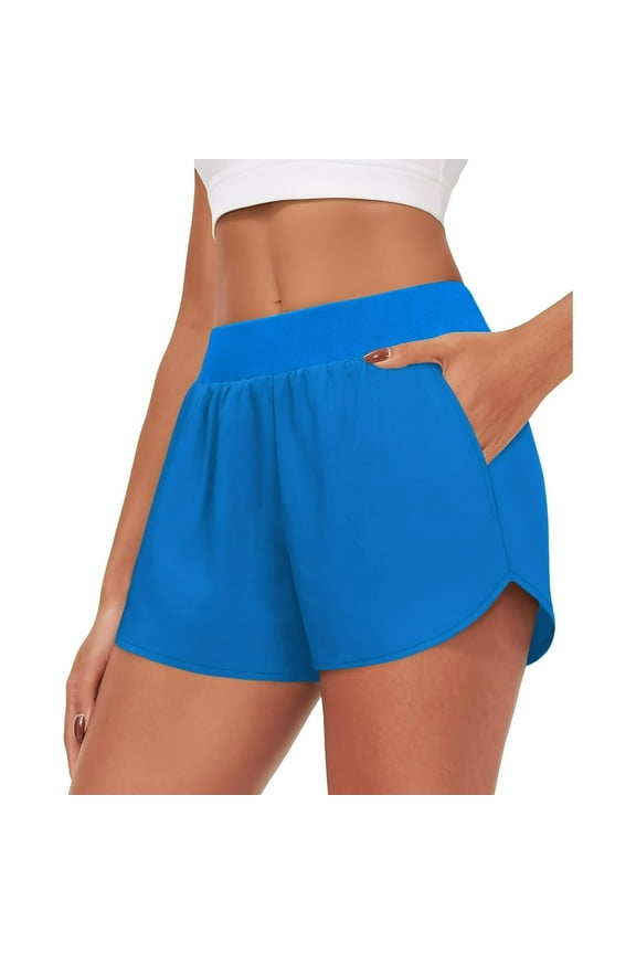 Women's High Waisted Athletic Shorts with Pockets, Loose Fit Casual Elastic Waist Running Shorts, 100% Polyester Soft Workout Lounge Shorts for Women S-2XL