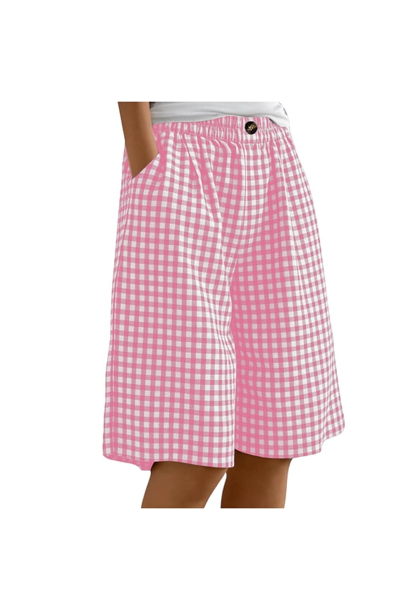Women's High Waisted Blue & White Checked 5-Inch Shorts | 100% Pre-Shrunk Cotton Linen-Like Fabric, Loose Fit Casual Summer Bermuda Shorts with Pockets for Women S-3XL