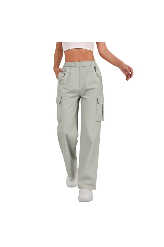 Women's High Waisted Cargo Pants with Elastic Waist & Button Pockets 100% Polyester Coolmax Work Pants Loose Fit Utility Trousers for Women Casual Chic Style S-2XL