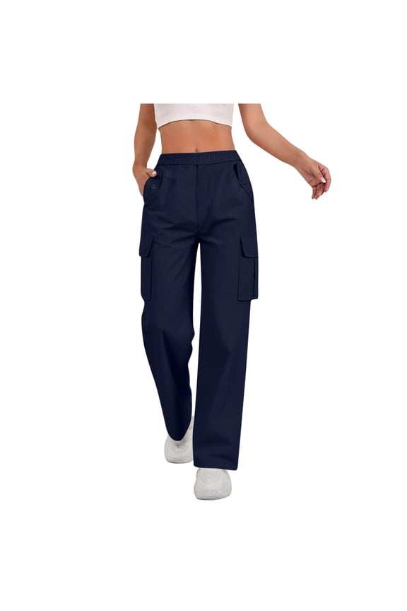 Women's High Waisted Cargo Pants with Elastic Waist & Button Pockets 100% Polyester Coolmax Work Pants Loose Fit Utility Trousers for Women Casual Chic Style S-2XL