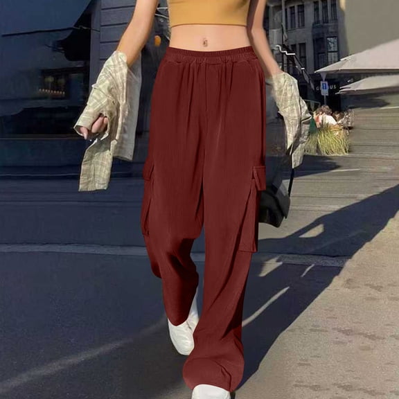 Tnhcen Women's High-Waisted Corduroy Pants with Pockets 98% Cotton 2% Spandex Elastic Waist Straight Leg Trousers Casual Comfort Lounge Pants S-2XL
