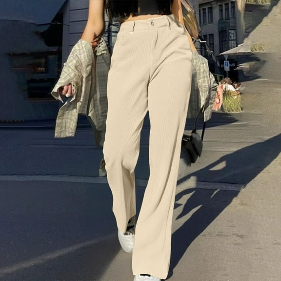 Tnhcen Women's High-Waisted Corduroy Pants with Pockets Straight Leg Comfortable Casual Trousers 98% Cotton 2% Spandex Relaxed Fit Streetwear S-2XL