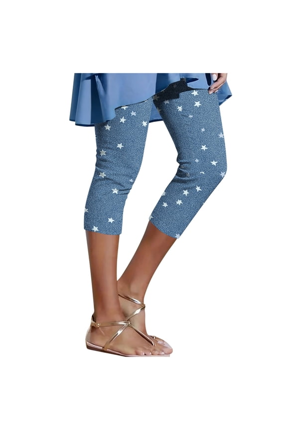 Women's High Waisted Denim Print Yoga Pants 7/8 Length Jeggings with Tummy Control, Booty Lifting & Star Pattern, Soft Stretchy Casual Athletic Leggings for Women S-3XL