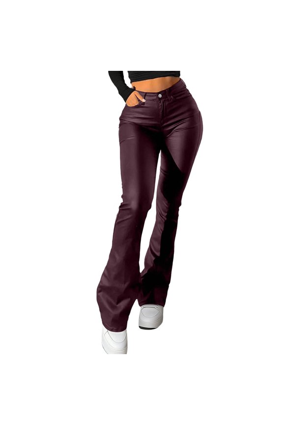 Women's High Waisted Faux Leather Flare Pants PU Micro Stretch Butt Lifting Trousers XS - 2XL Casual Streetwear Clubwear Outfits