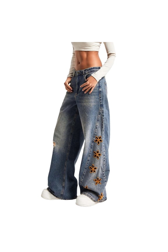 Women's High Waisted Loose Fit Embroidered Vintage Denim Jeans Washed Distressed Wide Leg Jeans for Women S - XL, Casual Trousers for Daily Wear & Street Style