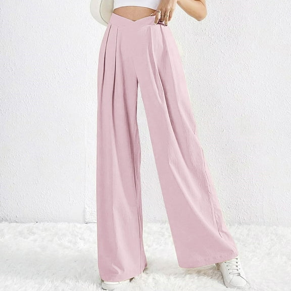 Tnhcen Women's High Waisted Pleated Wide Leg Pants - Casual Drawstring Slack with Pockets Relaxed Fit Plus Size (S-XL) for Everyday Essential Trousers