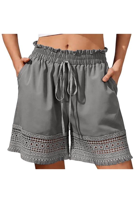 Women's High Waisted Shorts Elastic Drawstring Lace Trim Boho Wide Leg Beach Shorts Quick Dry 100% Polyester Matte Dope Fabric Swim Trunks & Casual Wear S-2XL Plus Size