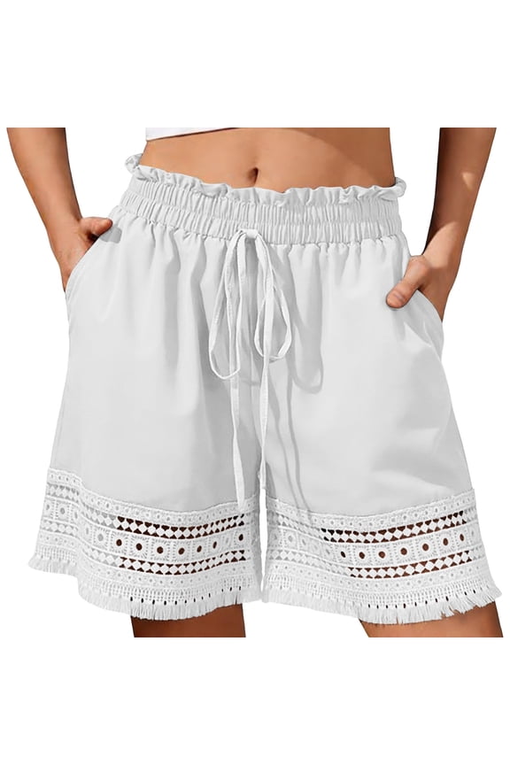 Women's High Waisted Shorts Elastic Drawstring Lace Trim Boho Wide Leg Beach Shorts Quick Dry 100% Polyester Matte Dope Fabric Swim Trunks & Casual Wear S-2XL Plus Size