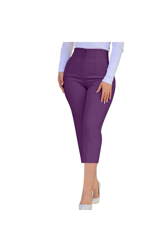 Women's High-Waisted Straight Leg 7/8 Pants - Slim Fit Stretchy Casual Trousers with Pockets S-3XL