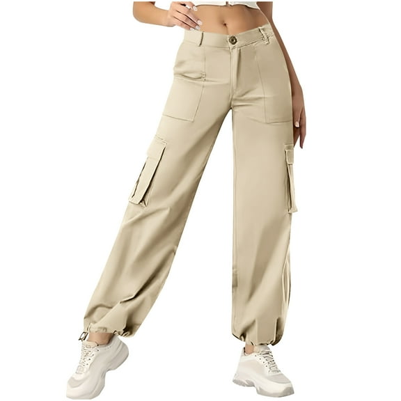 Tnhcen Women's High Waisted Stretchy Cargo Pants with Multi-Pockets & Drawstring Ankle Cuff - Hiking & Yoga Ready Button Straight-Leg Pants Multiple Colors Available