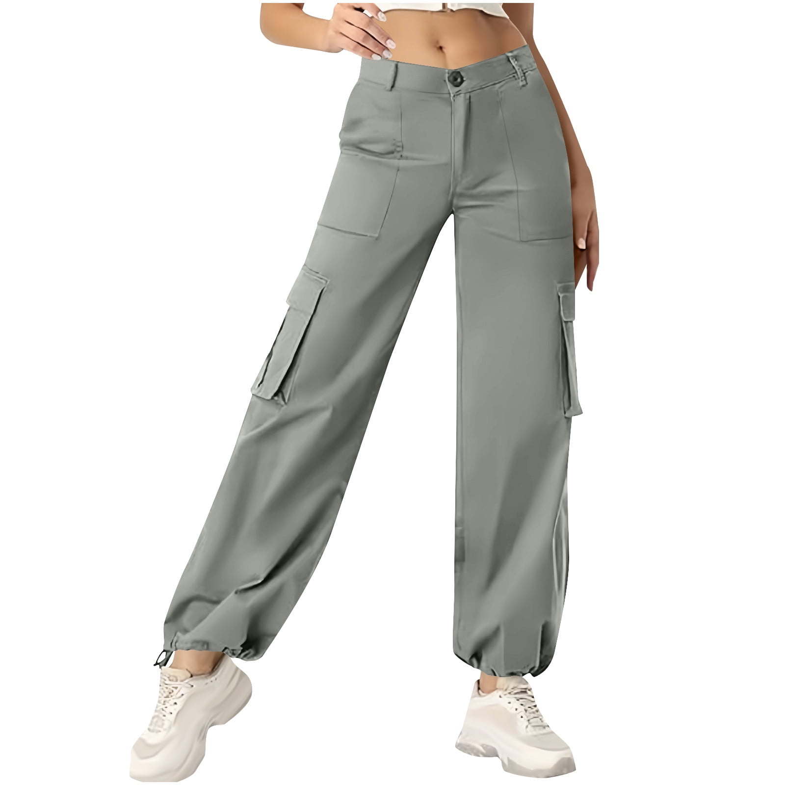 Women's High Waisted Stretchy Cargo Pants with Multi-Pockets & Drawstring Ankle Cuff - Hiking & Yoga Ready Button Straight-Leg Pants Multiple Colors Available