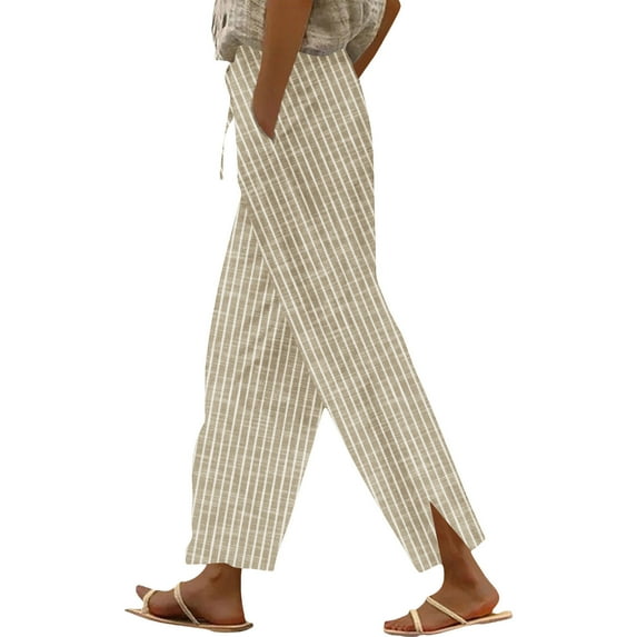 Tnhcen Women's High Waisted Striped Print Elastic Waist Casual Pre Shrunk Linen Pants with Pockets & Side Slits - Breathable Wide Leg Trousers S-2XL