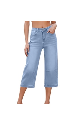 Women's High Waisted Wide Leg Denim Culottes, 7" Inseam Straight Leg Cropped Jeans with Pockets, Plus Size Loose Fit Stretch Washed Denim Pants S-2XL