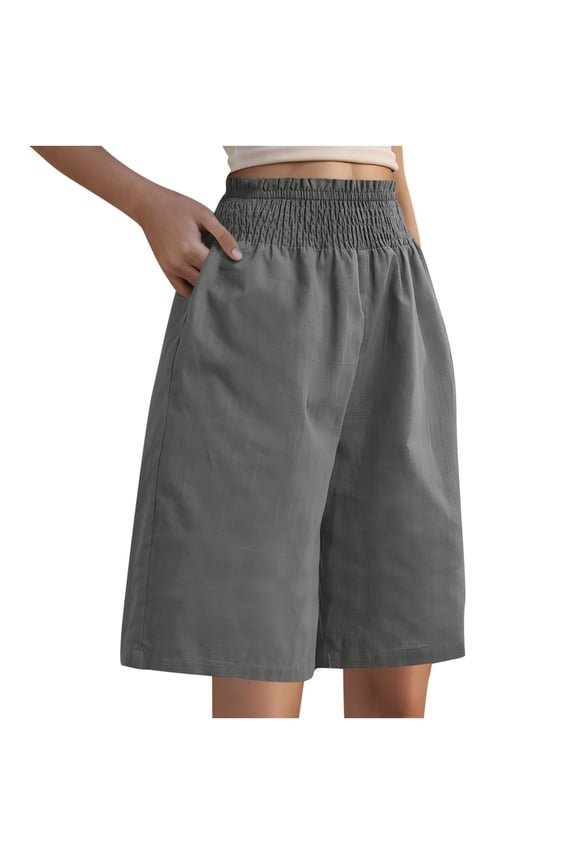 Women's High-Waisted Wide Leg Shorts Linen Elastic Waist Casual Half Pants with Pockets S-3XL Summer Breathable Linen Cotton Blend Shorts for Women Multiple Colors Available