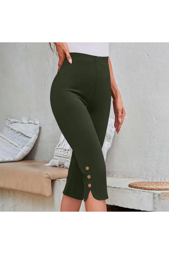 Women's High-Waisted Yoga Pants Capri with Button Detail Polyester Spandex Milk Silk Fleece Summer Slimming Workout Pants S-3XL Multiple Colors Available