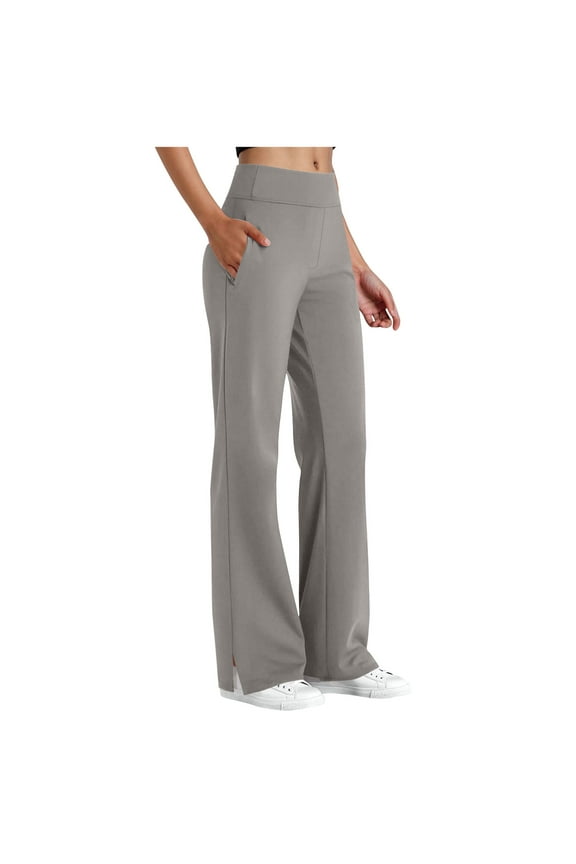 Women's High-Waisted Yoga Pants with Side Pockets - Stretchy Wide-Leg Slit Design for Active & Casual Wear Soft Elastic Waistband Slim Bootcut S-2XL