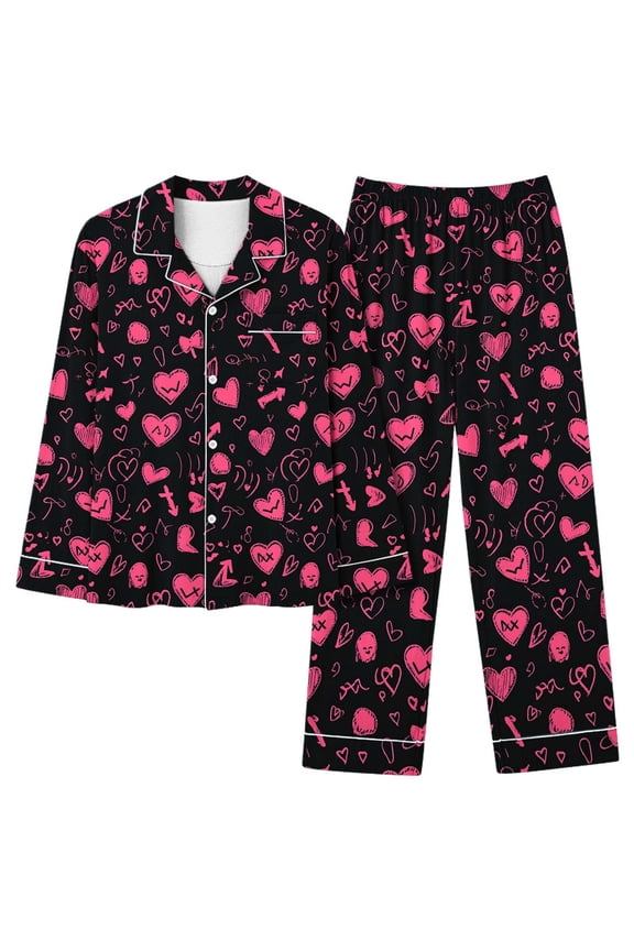 Women's Plus Size Valentine's Day Pajama Set Long Sleeve Button Front Soft Polyester Spandex Double Brushed Flannel Pocket Matching Top Bottom Pajamas 2XL Sleepwear