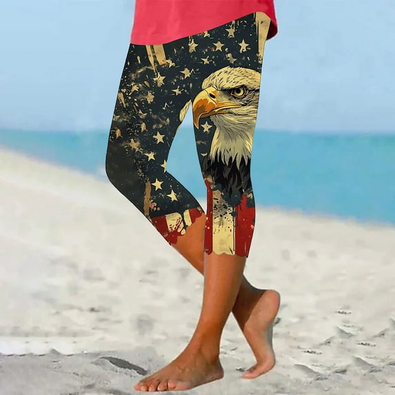 Tnhcen Women’s Independence Day Print Yoga Pants – High Waisted Stretchy 7/7 Leggings with USA Flag Design, Active Wear Comfort Fit S-4XL