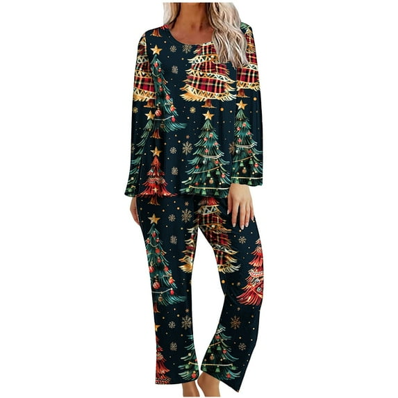 Tnhcen Women's Jolly Winter Pajamas Set 2-Piece Christmas Print Cozy Crew Neck Long Sleeves Top Pants Nightwear Home Lounge Clothes S-2XL
