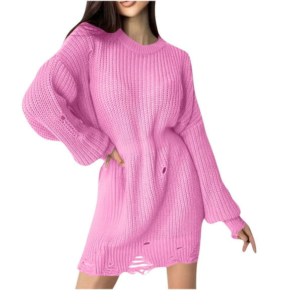 Tnhcen Women's Knit Sweater Dress Long Sleeve Maxi Dress Acrylic Material Tunic Loose Fit Casual Wear Distressed Hem Design S-L